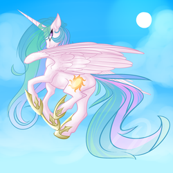 Size: 1024x1024 | Tagged: safe, artist:swiftyuki, princess celestia, alicorn, pony, g4, colored pupils, female, flying, looking at you, mare, sky, solo, sun, wing fluff