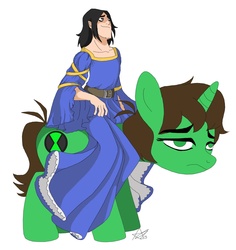 Size: 1207x1278 | Tagged: safe, artist:rygel-n, human, ben 10, ben 10 omniverse, ben tennyson, clothes, crossdressing, crossover, dress, kevin levin, male, ponified, riding, trap