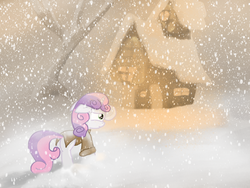 Size: 2048x1536 | Tagged: safe, artist:fuzzyfox11, sweetie belle, g4, clothes, coat, female, snow, snowfall, solo, winter