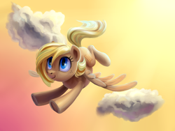 Size: 1032x774 | Tagged: safe, artist:kaermter, oc, oc only, pegasus, pony, cloud, cloudy, cutie mark, female, flying, hooves, lineless, mare, sky, smiling, solo, spread wings, wings