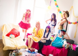 Size: 1500x1065 | Tagged: safe, artist:ainlina, artist:nikitacosplay, artist:pichu-no-sekai, applejack, fluttershy, pinkie pie, rainbow dash, rarity, twilight sparkle, human, g4, cosplay, irl, irl human, photo