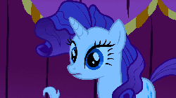 Size: 960x540 | Tagged: safe, screencap, opalescence, rarity, cat, pony, unicorn, g4, season 1, suited for success, animated, animated screencap, cute, duo, duo female, eyebrows, eyes closed, eyeshadow, female, frown, gif, helping, makeup, mare, marshmelodrama, messy mane, opalescence is not amused, open mouth, prone, scared, shivering, unamused, wide eyes