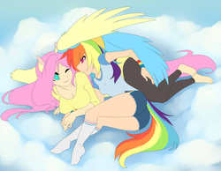 Size: 1001x776 | Tagged: safe, artist:spazzykoneko, fluttershy, rainbow dash, human, g4, barefoot, clothes, cloud, cuddling, duo, eared humanization, eye contact, feet, female, holding hands, hug, humanized, lesbian, no pupils, on a cloud, on side, ship:flutterdash, shipping, shorts, snuggling, spread wings, tailed humanization, winged humanization, winghug, wink