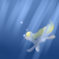 Size: 894x894 | Tagged: safe, artist:catopia26, derpy hooves, pegasus, pony, g4, bubble, crepuscular rays, female, flowing mane, flowing tail, folded wings, mare, ocean, open mouth, solo, sunlight, swimming, tail, underwater, water, wings