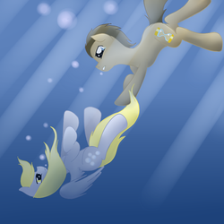 Size: 1050x1050 | Tagged: safe, artist:catopia26, derpy hooves, doctor whooves, time turner, pegasus, pony, g4, female, mare, underwater