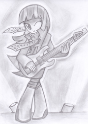 Size: 1985x2779 | Tagged: safe, artist:cyanaeolin, mystery mint, equestria girls, g4, background human, clothes, female, guitar, monochrome, scarf, sketch, solo, traditional art