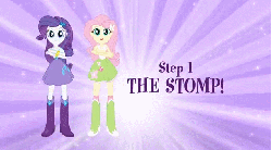 Size: 638x354 | Tagged: safe, fluttershy, rarity, equestria girls, g4, animated, boots, bracelet, clothes, dancing, duo, duo female, eg stomp, equestria girls prototype, female, high heel boots, jewelry, skirt, socks, stomping, the eg stomp