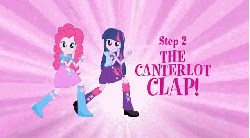 Size: 638x354 | Tagged: safe, pinkie pie, twilight sparkle, equestria girls, g4, animated, balloon, boots, bracelet, clapping, clothes, dancing, eg stomp, equestria girls prototype, error, female, high heel boots, jewelry, skirt, the eg stomp