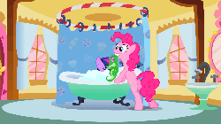 Size: 960x540 | Tagged: safe, screencap, gummy, pinkie pie, twilight sparkle, alligator, earth pony, pony, unicorn, feeling pinkie keen, g4, season 1, animated, bath, bathroom, bathtub, behaving like a cat, bipedal leaning, butt, female, grin, gritted teeth, male, mare, mouth hold, pinkie cat, plot, pointing, scared, screaming, scruff, smiling, talking, twilight cat, unicorn twilight, wet, wet mane