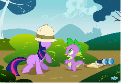 Size: 789x540 | Tagged: safe, screencap, spike, twilight sparkle, dragon, pony, feeling pinkie keen, g4, animated, binoculars, butt, female, hat, male, mare, out of context, pinned, pith helmet, pounce