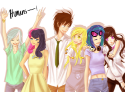 Size: 1280x937 | Tagged: safe, artist:sweet-unknown, bon bon, derpy hooves, dj pon-3, doctor whooves, lyra heartstrings, octavia melody, sweetie drops, time turner, vinyl scratch, human, g4, background six, casual, clothes, female, humanized, male, simple background, transparent background