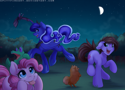 Size: 1400x1000 | Tagged: safe, artist:spittfireart, gummy, pinkie pie, princess luna, oc, bat, dog, g4, :p, happy, night, tongue out