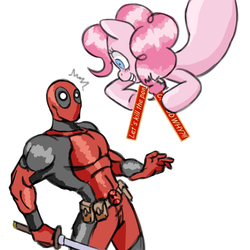 Size: 1200x1200 | Tagged: safe, pinkie pie, g4, crossover, deadpool, fourth wall, shocked, sword, thought bubble, uh oh