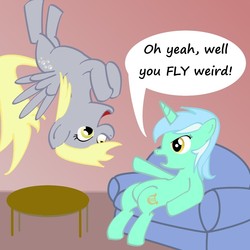 Size: 1000x1000 | Tagged: safe, artist:invidlord, derpy hooves, lyra heartstrings, pegasus, pony, unicorn, g4, couch, duo, flying, laughing, lyra is not amused, newbie artist training grounds, sitting, sitting lyra, upside down