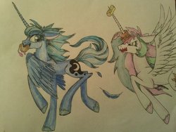 Size: 1024x768 | Tagged: safe, artist:penkatshi, princess celestia, princess luna, alicorn, pony, g4, angry, celestia is not amused, chase, donut, horn, horn grab, horn impalement, long horn, long legs, simple background, slender, tall, the uses of unicorn horns, thin, traditional art, unamused, unshorn fetlocks