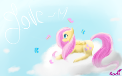 Size: 3098x1936 | Tagged: safe, artist:candiedkittens, fluttershy, butterfly, g4, cloud, cloudy, female, love, solo