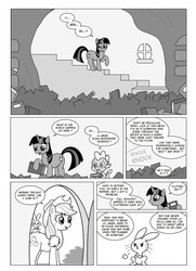 Size: 1668x2308 | Tagged: safe, artist:crydius, angel bunny, applejack, spike, twilight sparkle, g4, book, comic, monochrome