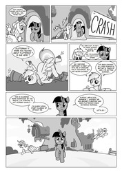 Size: 1656x2336 | Tagged: safe, artist:crydius, angel bunny, applejack, rainbow dash, twilight sparkle, g4, comic, crash, dirt, monochrome