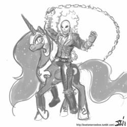 Size: 800x800 | Tagged: safe, artist:johnjoseco, nightmare moon, alicorn, pony, g4, badass, brutal, chains, crossover, epic, ghost rider, grayscale, marvel, monochrome, nicolas cage, nicolas cage is best pony, raised hoof, riding, smiling