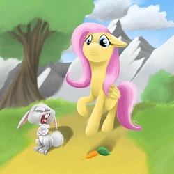 Size: 2000x2000 | Tagged: safe, artist:olafski, angel bunny, fluttershy, dragonshy, g4, angel is a bunny bastard, carrot, defiance, refusal, scene interpretation