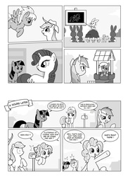 Size: 1700x2338 | Tagged: safe, artist:crydius, angel bunny, cloudchaser, derpy hooves, pinkie pie, rainbow dash, rarity, twilight sparkle, pegasus, pony, g4, comic, female, mailbox, mare, monochrome, well