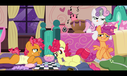 Size: 2000x1200 | Tagged: safe, artist:facelessjr, apple bloom, babs seed, scootaloo, sweetie belle, g4, bed, boombox, checkers, clothes, cutie mark crusaders, fake screencap, female, hair curlers, letterboxing, magic, music, plushie, popcorn, shirt, sleeping bag, sleepover, sweetie belle's bedroom