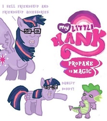 Size: 447x506 | Tagged: safe, edit, spike, twilight sparkle, alicorn, pony, g4, bobby hill, bobbyfied, crossover, female, hank hill, king of the hill, logo, logo edit, mare, my little pony: friendship is magic logo, my little x, needs more jpeg, twilight sparkle (alicorn), wat