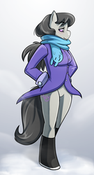 Size: 955x1763 | Tagged: safe, artist:3mangos, edit, octavia melody, earth pony, anthro, unguligrade anthro, g4, clothes, coat, explicit source, featureless crotch, female, scarf, solo