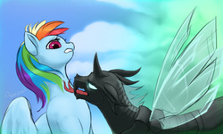 Size: 1000x600 | Tagged: safe, artist:arareroll, rainbow dash, changeling, g4, gritted teeth, licking, nervous, open mouth, taste the rainbow, tongue out