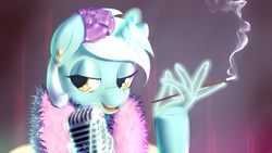 Size: 1920x1080 | Tagged: safe, artist:yoka-the-changeling, lyra heartstrings, pony, unicorn, g4, cigarette, cigarette holder, female, hand, looking at you, magic, magic hands, microphone, smoking, solo