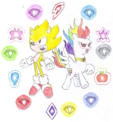Size: 484x524 | Tagged: safe, artist:megaartist923, rainbow dash, g4, chaos emerald, crossover, elements of harmony, male, sonic the hedgehog, sonic the hedgehog (series), super rainbow dash, super sonic, traditional art