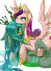 Size: 649x913 | Tagged: safe, artist:yoona, princess cadance, queen chrysalis, alicorn, changeling, changeling queen, pony, g4, blushing, female, lesbian, mare, pixiv, ship:cadalis, shipping, smiling