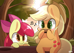 Size: 700x500 | Tagged: safe, artist:php56, apple bloom, applejack, earth pony, pony, g4, backlighting, chibi, female, filly, foal, forest, harmonica, music, musical instrument