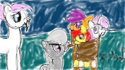 Size: 700x394 | Tagged: artist needed, safe, apple bloom, nurse redheart, scootaloo, silver spoon, sweetie belle, g4, cutie mark crusaders, syringe, tied, traditional art