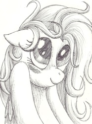 Size: 1081x1455 | Tagged: safe, artist:crazyrabidpony, fluttershy, g4, fanfic, female, floppy ears, monochrome, solo, traditional art