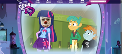 Size: 1279x562 | Tagged: safe, snails, snips, twilight sparkle, equestria girls, g4, official, become an equestria girl, beep beep, clown, hasbro, it, pennywise, purple human, they all float, wat