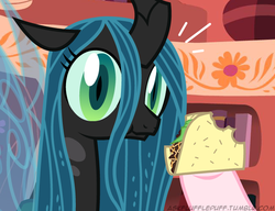 Size: 650x500 | Tagged: safe, queen chrysalis, oc, tumblr:ask fluffle puff, g4, taco