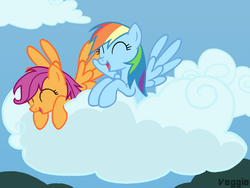 Size: 1200x900 | Tagged: dead source, safe, artist:veggie55, rainbow dash, scootaloo, pegasus, pony, g4, cloud, cloudy, eyes closed, female, laughing, laughingmares.jpg, mare, older, older scootaloo, on a cloud, open mouth, sky, spread wings, wings