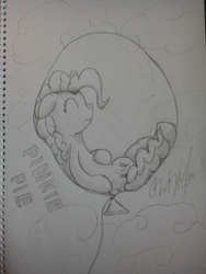 Size: 1024x1365 | Tagged: safe, artist:crash96hun, pinkie pie, earth pony, pony, g4, balloon, eyes closed, female, mare, monochrome, pinkie pie trapped in a balloon, solo, traditional art