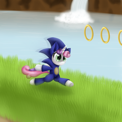 Size: 3000x3000 | Tagged: safe, artist:skybrush-viffex, sweetie belle, pony, g4, bipedal, cosplay, crossover, cute, diasweetes, female, gotta go fast, green hill zone, hilarious in hindsight, male, parody, solo, sonic the hedgehog, sonic the hedgehog (series)