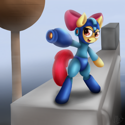 Size: 3000x3000 | Tagged: safe, artist:skybrush-viffex, apple bloom, pony, g4, bipedal, clothes, costume, crossover, female, mega man (series), parody, solo
