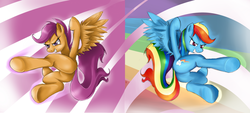 Size: 3122x1409 | Tagged: safe, artist:gsphere, artist:starlightspark, rainbow dash, scootaloo, g4, action pose, duo, fight