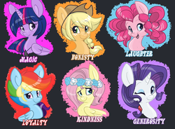 Size: 4879x3588 | Tagged: safe, artist:indiefoxtail, applejack, fluttershy, pinkie pie, rainbow dash, rarity, twilight sparkle, alicorn, pony, g4, alternate hairstyle, braid, female, floral head wreath, line-up, mane six, mare, pigtails, portrait, twilight sparkle (alicorn)