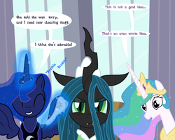 Size: 2115x1700 | Tagged: safe, artist:dazed-and-wandering, princess celestia, princess luna, queen chrysalis, alicorn, changeling, changeling queen, pony, g4, ^^, brushie, cute, cutealis, eyes closed, female, hairbrush, magic, mare, trio, what could possibly go wrong