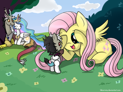 Size: 640x480 | Tagged: safe, artist:hikariviny, discord, fluttershy, princess celestia, oc, oc:chaotic, chimera, hybrid, g4, baby, bush, cuddling, cute, diaper, eyes closed, female, flower, foal, grass, interspecies offspring, male, offspring, open mouth, parent:discord, parent:princess celestia, parents:dislestia, peekaboo, picnic, prone, ship:dislestia, shipping, shyabetes, smiling, snuggling, spread wings, straight, tree