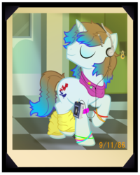 Size: 2000x2494 | Tagged: safe, artist:icaron, oc, oc only, oc:poly morph, pony, unicorn, 80s, compact cassette, everpony wore their mane like that back then i swear, highschool, photo, poly morph, show accurate, vintage, walkman, younger