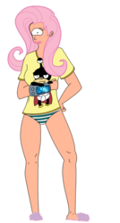 Size: 808x1512 | Tagged: safe, artist:synch-anon, fluttershy, g4, clothes, crossover, female, futurama, futureshy, male, nibbler, panties, recolor, solo, striped underwear, turanga leela, underwear