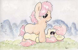 Size: 795x514 | Tagged: safe, artist:slightlyshade, apple bloom, babs seed, earth pony, pony, g4, duo, female, incest, lesbian, ship:appleseed, traditional art