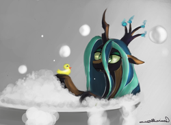 Size: 3372x2451 | Tagged: safe, artist:auroriia, queen chrysalis, changeling, changeling queen, g4, bath, crown, female, jewelry, regalia, rubber duck, solo