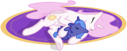 Size: 2652x1080 | Tagged: safe, artist:arvaus, princess celestia, princess luna, g4, carpet, cuddling, cute, drool, eyes closed, filly, on back, on side, open mouth, pink-mane celestia, simple background, sleeping, smiling, snuggling, transparent background, vector, weapons-grade cute, woona, younger